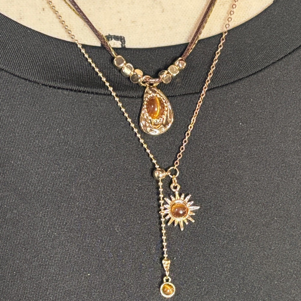Tiger’s Eye Layered Necklaces with Gold Tone Steel Alloy and Silk Cord